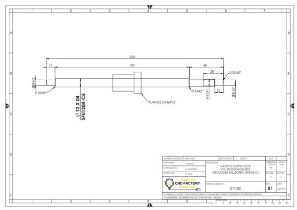 Vite asse Z DT-3T a ricircolo di sfere, GROUNDED BALLSCREW SFU1204-C5-DIN69051 L=250