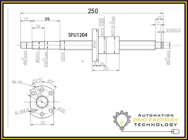 Vite asse Z, MONOPATTINO- DT-3T a ricircolo di sfere, ROLLED BALLSCREW SFU1204-C7-DIN69051 L=250